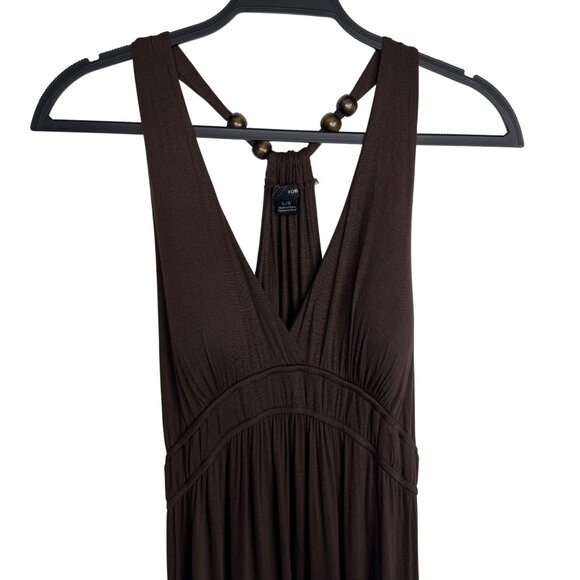 VTG‎ Y2K Boho F21 Brown Stretchy Maxi Dress Chunky Wood Beads Halter Neck Size L - Picture 2 of 7
